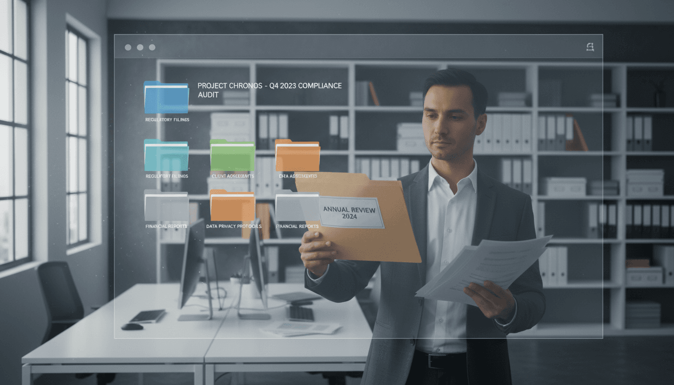 An organized documentation aesthetic wide shot of a filing system or digital archive interface